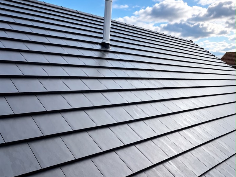 New dark grey slate-effect roof tiles with a vent pipe under a blue sky