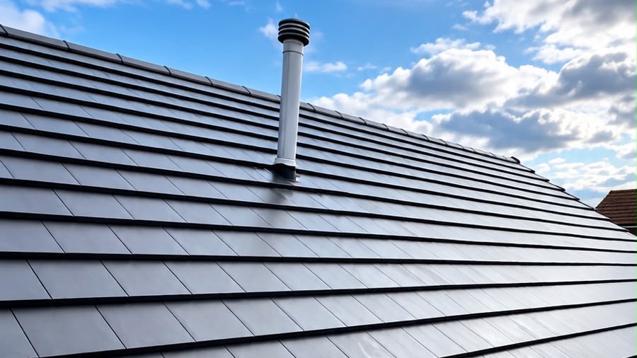 Newly fitted dark grey slate-effect roof tiles with a vent pipe against a blue sky, photographed from the scaffold